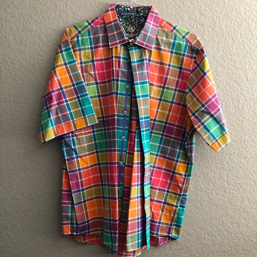 Mens Rainbow Plaid Bugatchi Button Up